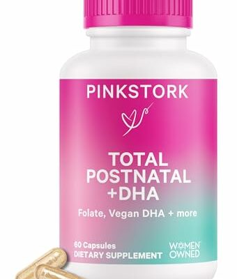 Pink Stork Total Postnatal Vitamins for Women with Vegan DHA, Iron, Folate, and Vitamin B12, Postpartum Recovery Essentials, Daily Supplement for Breastfeeding Moms - 1 Month Supply