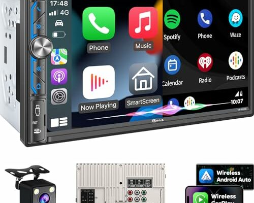 PLZ 7" Wireless Double Din Car Stereo Apple Carplay Radio Screen for Car Audio Receivers, Bluetooth 5.3 Car Play Android Auto Touchscreen, 240W 4.2 CHN 2 Subwoofers Outputs, Backup Camera, SWC, FM/AM