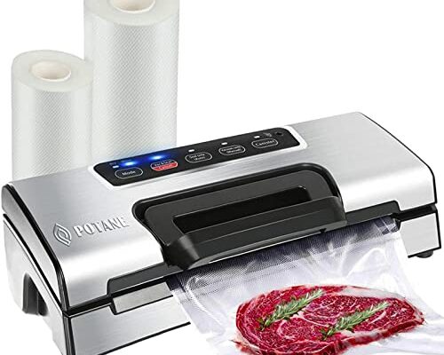 Potane Precision Vacuum Machine,Pro Food Sealer with Built-in Cutter and Bag Storage(Up to 20 Feet Length), Both Auto&Manual Options,2 Modes,Includes 2 Bag Rolls 11”x16’ and 8”x16’,Compact Design