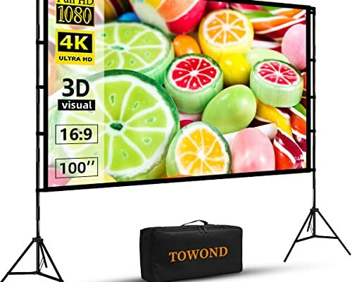 Projector Screen with Stand, Towond 100 inch Outdoor Projector Screen Portable Indoor Projection Screen 16:9 4K Rear Front Movie Screen with Carry Bag for Home Backyard Theater