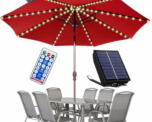 PULIVIA Solar Umbrella Lights Outdoor, Waterproof Solar Powered Patio Umbrella Lights strings with 104 LEDs 8 Lighting Modes Remote Control, 2024 Upgraded Solar Umbrella Patio Lights, Warm White