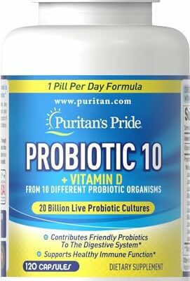 Puritan's Pride Probiotic 10 with Vitamin D to Help Support Immune System Health, Capsule, 60 Count, White