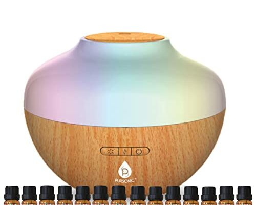 Pursonic Aromatherapy Diffuser & Essential Oil Set-Ultrasonic Top 14 Oils-300ml with 2 Mist Settings 7 Ambient Light Settings-Therapeutic Grade Oils (AD400-EOGS14)