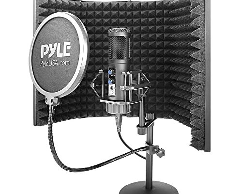 PyleUsa USB Compact Microphone Kit - Studio Desktop Cardioid Condenser Audio Mic with Stand, Cable, Pop Filter, and Isolation Shield for Gaming, Singing, Streaming, Podcasting, and YouTube