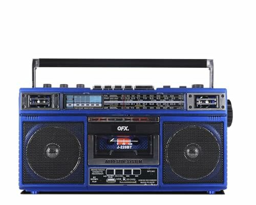 QFX J-220BT Blue Boombox MP3 Conversion from Radio to Cassette with 4-Band (AM, FM, SW1, SW2) Radio with Bluetooth, Dual 3” Speakers, Built-in Microphone, Recorder, and a 3-Band Equalizer