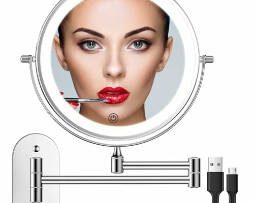 Rechargeable Wall Mounted Lighted Makeup Vanity Mirror 8 Inch Double Sided 1X 10X Magnifying Bathroom Mirror, 3 Color Lighting, Touch Screen Dimming, Extended Arm 360 Rotation Shaving Light up Mirror