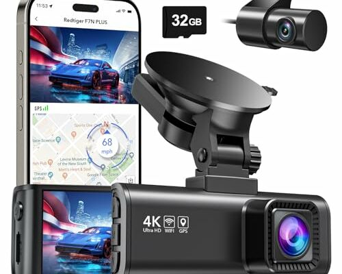 REDTIGER Dash Cam Front Rear, 4K/2.5K Full HD Dash Camera for Cars, Free 32GB Card, Built-in Wi-Fi GPS, 3.16” IPS Screen, Night Vision, 170°Wide Angle, WDR, 24H Parking Mode