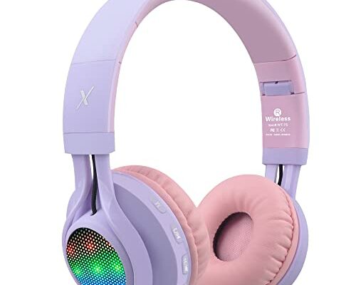 Riwbox WT-7S Kids Bluetooth Headphones Light Up, Foldable Stero Wireless Headset with Microphone and Volume Control for PC/Tablet/TV/Travel (Purple)