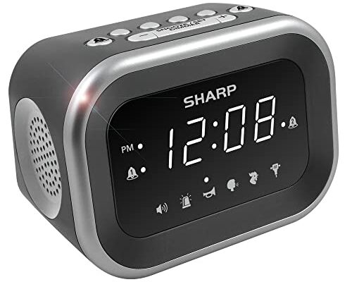 Sharp Big Bang Super Loud Alarm Clock for Heavy Sleepers, 6 Extremely Loud Wake Up Sounds: Rooster, Bugle, Nagging Mom, Jackhammer, Siren, Beep– Up to 115db Volume, Silver/Black with White LED Display