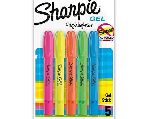 SHARPIE Gel Highlighters, Bullet Tip, Assorted Fluorescent Colors, 5 Count Pack, Smear and Bleed Resistant, Long-lasting and Uncapable