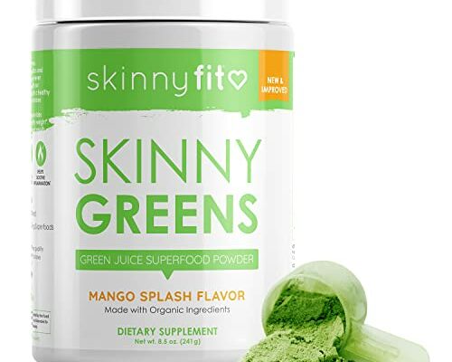 SkinnyFit Mango Splash Skinny Greens, Green Juice Superfood Powder, Natural Energy & Focus, Reduce Bloating, Spirulina, Chlorella, 30 Servings