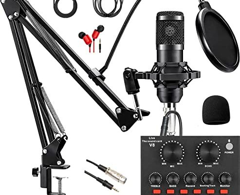 SKTEET Podcast Equipment Bundle, with BM800 Podcast Microphone and V8 Sound Card, Voice Changer - Audio Interface -Perfect for Recording, Singing, Streaming and Gaming (V8-Black)