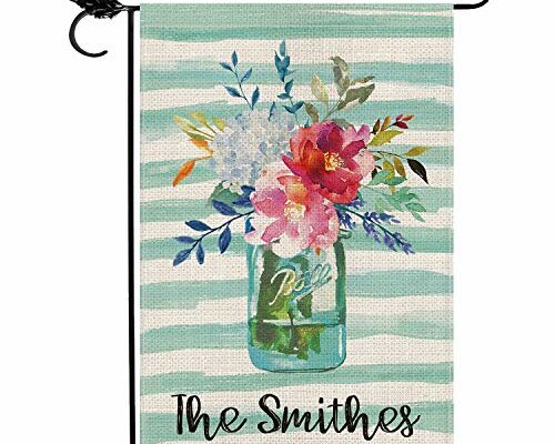 SMILE Personalized Spring Summer Garden Flag, Customized Family Last Name Flower Mason Jar, Double Sided 12.5 x 18 Inch Rustic Farmhouse Burlap Yard Outdoor Decoration