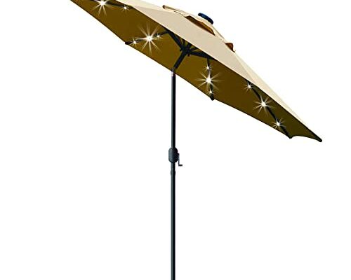 Sunnyglade 9' Solar LED Lighted Patio Umbrella with 8 Ribs/Tilt Adjustment and Crank Lift System (Light Tan)