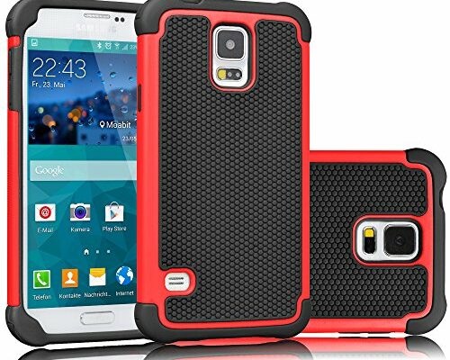 Tekcoo Galaxy S5 Case, [Tmajor] Sturdy [Red/Black] Shock Absorbing Hybrid Rubber Plastic Impact Defender Rugged Slim Hard Case Cover Bumper for Samsung Galaxy S5 S V I9600 GS5 All Carriers