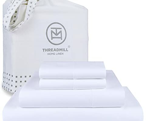 Threadmill 100% American Supima Cotton Sheets, Queen Sheet Set 1000 Thread Count Luxury 4 PC Luxury Bedding Set, Hotel Quality Sateen Weave, Hotel White Sheets with Elasticized Deep Pocket