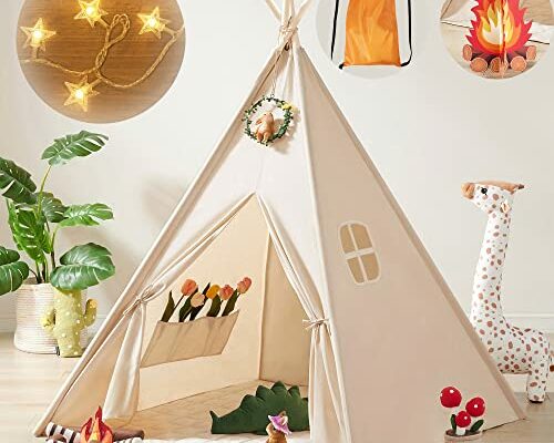 Tiny Land Kids-Teepee-Tent with Lights & Campfire Toy & Carry Case, Natural Cotton Canvas Toddler Tent - Washable Foldable Teepee Tent for Kids Indoor Tent, Outdoor Play Tent for Girls & Boys