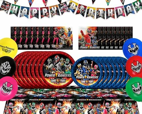 Treasures Gifted Power Rangers Birthday Party Supplies - Serves 16 Guests - Complete Set Officially Licensed Power Rangers Party Supplies - Power Rangers Banner, Power Rangers Plates, Napkins & More