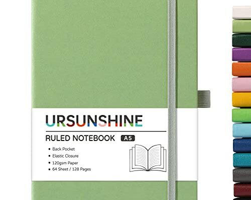 URSUNSHINE Ruled Notebook/Journal - Classic Lined Journal/Notebook, 5.3'' x 8.26'', Hardcover with Thick Paper, Banded + Pen Holder +Inner Pocket - Light Green