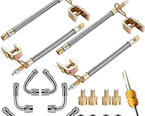 Valve Stem Extenders,4Pcs 7Inch/180mm Dual Flexible Stainless Steel Braided Valve Stem Extensions,6Pieces 45 90 135 Degree Brass Valve Adaptors for Car Truck Motorhome Trailer RV Trailer Vehicle