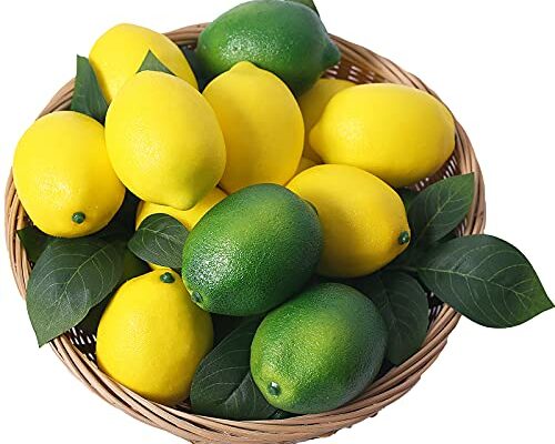 VEOAY Fake Fruit Artificial Lemons, 3.1''×2.2'' Faux Lemon Fake Limes with Leaves, Lifelike Fake Lemon Decor for Kitchen Table Cabinet Party, Plastic Fruits Photography Prop 36PCS