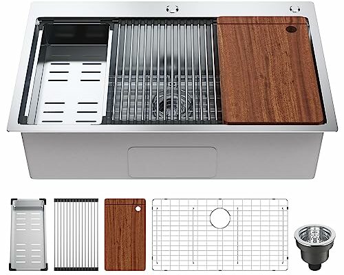 VEVOR Kitchen Sink, 304 Stainless Steel Drop-In Sinks, Top Mount Single Bowl Basin with Ledge and Accessories, Household Dishwasher Sinks for Workstation, RV, Prep Kitchen, and Bar Sink, 33 inch