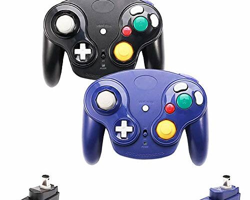 VTone Wireless Gamecube Controller, 2 Pieces 2.4G Wireless Classic Gamepad with Receiver Adapter for Wii Gamecube NGC GC (Black and Dark Blue)