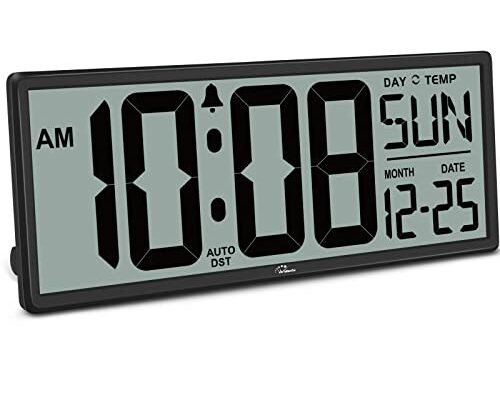 WallarGe 14.5'' Large Digital Wall Clock Battery Operated with Jumbo Numbers, Temperature and Date - Easy to Read and Set, Auto DST