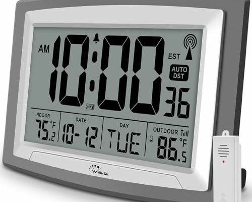 WallarGe Atomic Clock with Outdoor and Indoor Temperature - 12.5 Inch Self-Setting Digital Clock Large Display, Battery Operated Wall Clocks or Desk Clocks for Bedroom, Livingroom, Office