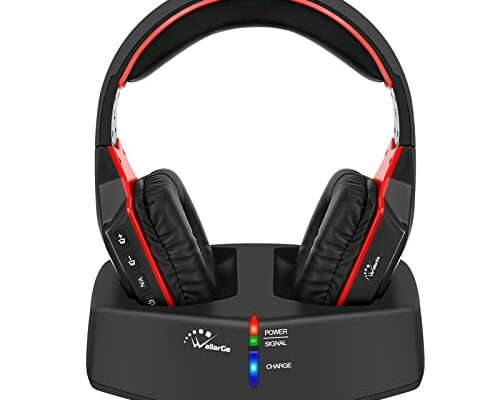 WallarGe Wireless Headphones for TV Watching with 5.8GHz RF Transmitter Charging Dock, Plug and Play, 100 Ft Wireless Range, Rechargeable 20 Hour Battery (Black with Red)