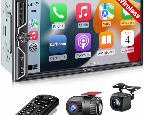 [Wireless Upgrade] Double Din Car Radio with Wireless Apple CarPlay and Android Auto, Bluetooth, 4.2-Channel Audio Output, MirrorLink, 7" HD QLED Touchscreen, Dash Cam, Backup Camera, AM/FM Car Stereo