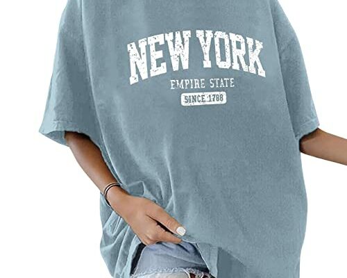 Women’s Oversized New York Letter Graphic Print Short Sleeve Tunic Tops Crew Neck Loose Fit Tee Casual T Shirts