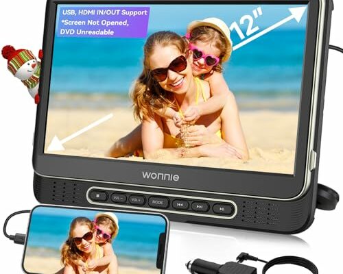 WONNIE 12" Headrest Video Player for Car, Support 1080P/MP4 Video with HDMI Input/Output, Mounting Bracket, USB Card Reader, AV in, Remote Control, Car Charger（* DVD NOT Readable, No Battery