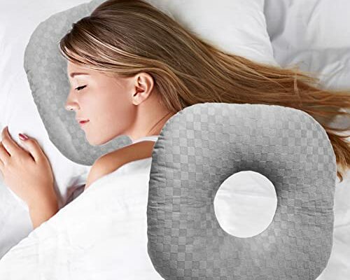 Wuronsa Ear Piercing Pillow for Side Sleepers with an Ear Hole for CNH and Ear Pain Ear Inflammation Pressure Sores, Cotton and Polyester O-Shaped Side Sleeping Pillow, Ear Guard Pillow