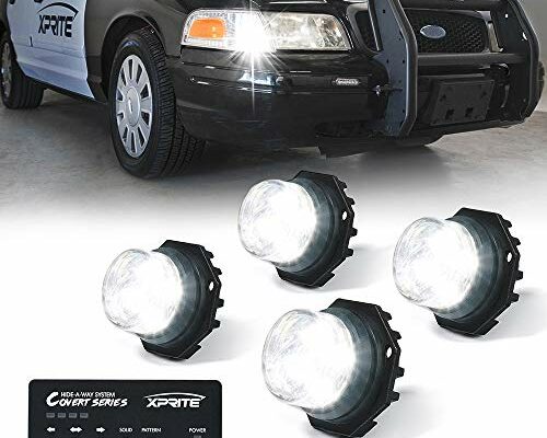 Xprite 4PCS LED Hideaway Strobe Lights Kit - White, 20 Flash Modes, Control Panel Included, Ideal for Emergency Vehicles, Trucks, Cars, Headlights, Taillights & Fog Lights, Hazard Warning