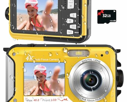 YISENCE 4K Waterproof Camera 11FT Underwater Camera with 32GB Card 48MP Autofocus Selfie Dual-Screen Underwater Cameras for Snorkeling, Waterproof Compact Digital Camera 1250mAh Battery（Yellow）