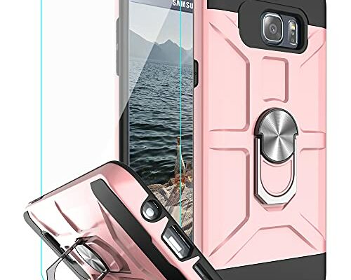 YmhxcY Note 5 Case Galaxy Note 5 Case with HD Screen Protector 360 Degree Rotating Ring Kickstand Holder Dual Layers of Shockproof Phone Case for Samsung Galaxy Note 5-ZS Rose Gold