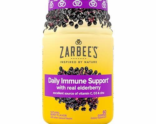 Zarbee's Elderberry Gummy Daily Immune Support Supplement with Vitamins A, C, D, E & Zinc, Black Elderberry Fruit Extract, Natural Berry Flavor, 60 Count