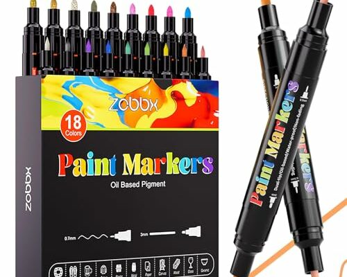 Zobbx Permanent Paint Pens Markers - 18 Colors Dual Tip Oil Based Waterproof Paint Marker Pens for Metal Wood Glass Rock Painting Fabric Plastic Canvas Art Craft