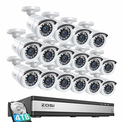 ZOSI H.265+ 16CH Security Camera System with AI Human Vehicle Detection, 16CH DVR with 4TB HDD for 7/24 record, 16 x 1080p CCTV Camera Outdoor Indoor with 80ft Night Vision°Wide Angle, 90°Wide Angle