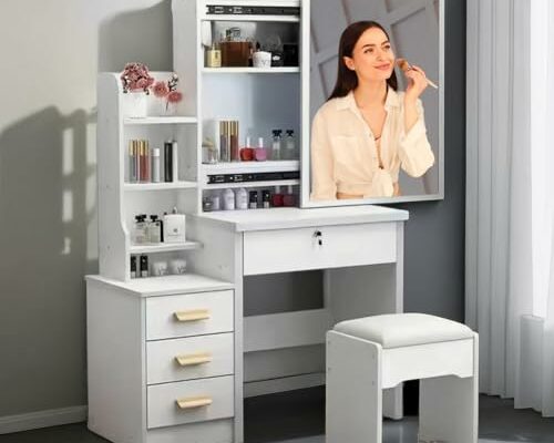 Zupemo Vanity Desk, Makeup Vanity Table with Mirror and Stool, Small Makeup Vanity Desk with 4 Drawer 3 Shelves Storage Unit, White Vanity Make Up Desk with No Lights for Bedroom Furniture