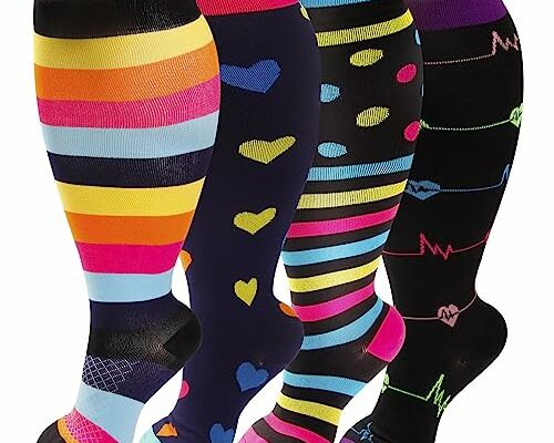 4 Pairs Plus Size Compression Socks for Women & Men, Extra Wide Calf 20-30 mmhg Knee High Compression Stockings for Circulation Swelling Support