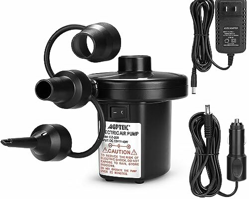 AGPTEK Electric Air Pump with 3 Nozzles, 110V AC/12V DC, Portable Quick-Fill Perfect Inflator/Deflator Pumps for Outdoor Camping, Inflatable Cushions, Air Mattress Beds, Boats, Swimming Ring