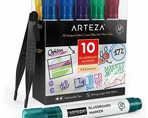 ARTEZA Glass Board Dry Erase Markers, Pack of 10 Colors Glass Markers, Low-Odor Ink, Erasable Mirror Window Markers, Office Supplies for Whiteboards,