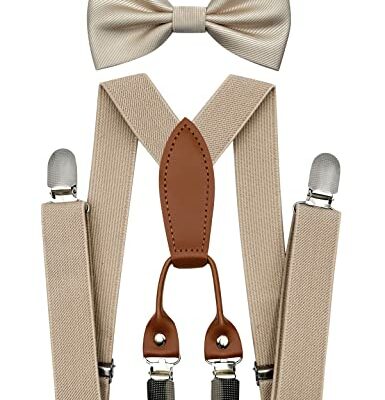 BEWDIO Toddler Suspenders and Bow Tie Set, Champagne Bowtie and Suspenders with 4 Strong Metal Clips (4-03-1)