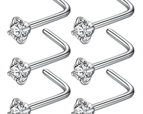 BLESSMYLOVE 6pcs 20g 3.0mm Clear CZ 316L Surgical Steel Silver Nose Studs Nostrial Piercing Body Jewerly L Shaped Studs for Women, Cubic Zirconia Stainless Steel Nose Rings