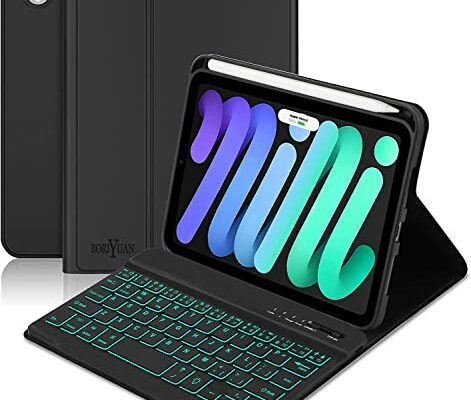 BORIYUAN iPad Mini 6 Keyboard Case 2021, 7 Colors Backlit Detachable Keyboard Slim Folio Smart Cover for iPad Mini 6th Generation 8.3 inch – Black