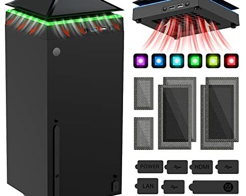 Cooling Fan Dust Proof for Xbox Series X Console with Colorful Light Strip,MENEEA Dust Cover Filter,Rubber Plugs,Low Noise Top Fan with 3 Gears,Cooler&Light Independent Touch Switch, 2 USB Port