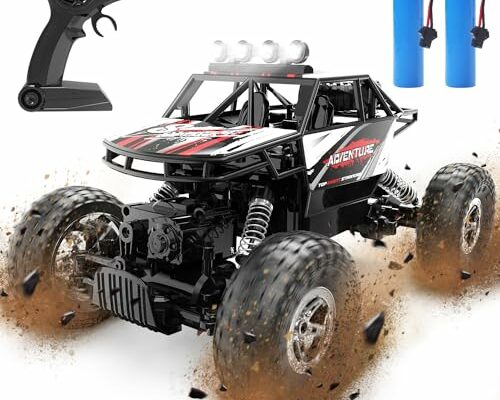 DEERC DE45 RC Cars Remote Control Car 1:14 Off Road Monster Truck,Metal Shell 4WD Dual Motors LED Headlight Rock Crawler,2.4Ghz All Terrain Hobby Truck with 2 Batteries for 90 Min Play,Boy Adult Gifts