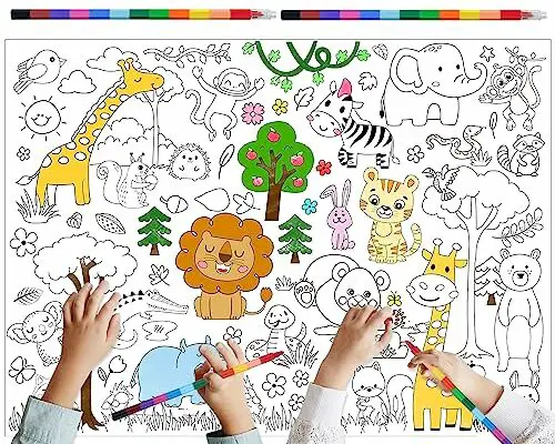 Giant Jungle Wild Animals Coloring Poster with 6 Stacking Crayons, Safari Zoo Party Favor Jumbo Paper Poster Wall Doodle Art Large Coloring Poster Banner for Home School Classroom Supplies, 43x 31Inch